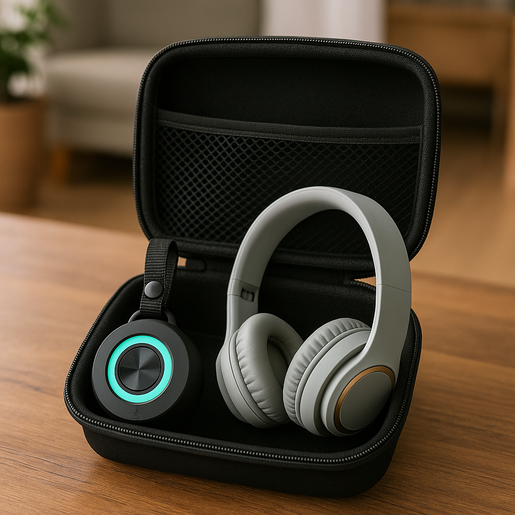Kit SoundMode - Bocina portátil, audífonos plegables y maletín